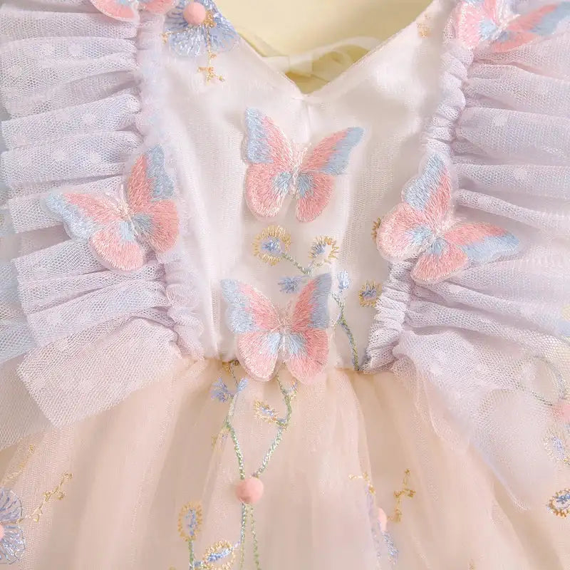 Pudcoco Baby Girl 2Piece Summer Set 3D Butterfly Flower Embroidery Fly Sleeve Mesh Romper Dress 3D Bow Headband Toddler Outfits