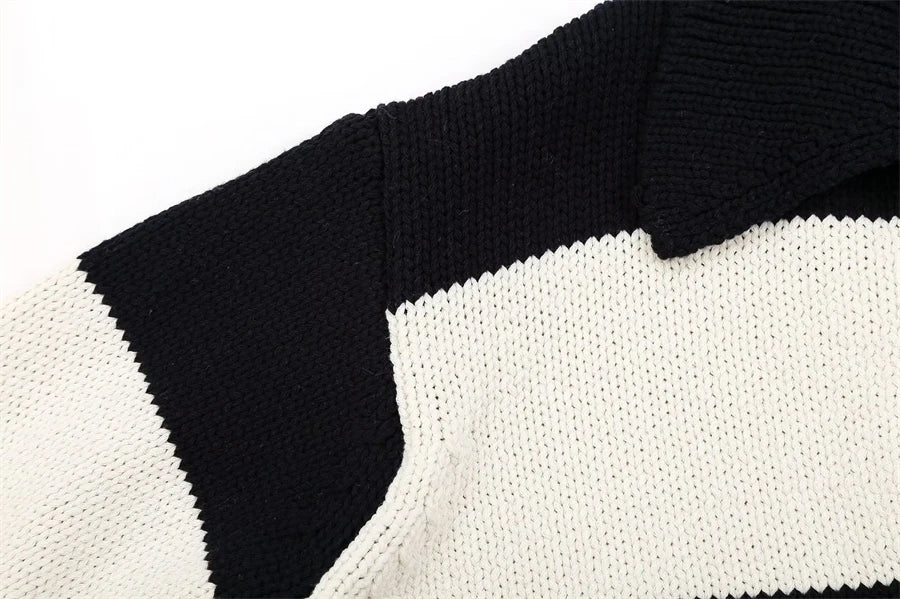 Women Fashion Black Striped Knit Sweater Spring Vintage Polo Neck Long Sleeve Female Pullovers Chic Tops - SJB-DIAMOND ELITES