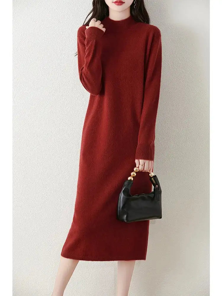 Autumn Winter Women's Wool Long Dress Cashmere Mock Neck Pullover Sweater 100% Merino Wool Soft Knitwear OL Simple Basic Dress Lootquake LLC