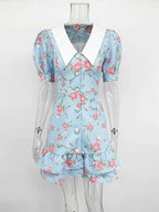 Puff Sleeve V-Neck Mini Dress | Printed Ruffled Pearl Button Dress - Femstylo