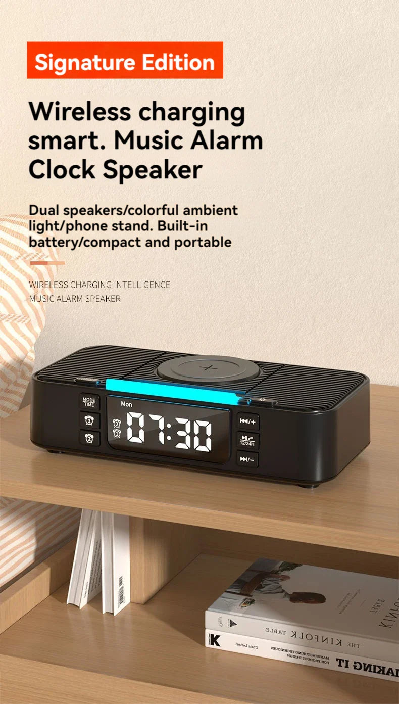 Portable Bluetooth Speaker with Wireless Charging Atmosphere Light Clock Alarm Function Double Speaker USB Charging Lootquake LLC