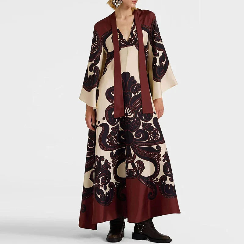 Ethnic Vintage Pattern Print Muslim Women Dresses Spring V Neck Lace-up Loose Long Dress Autumn 3/4 Flare Sleeve Boho Maxi Dress Lootquake LLC