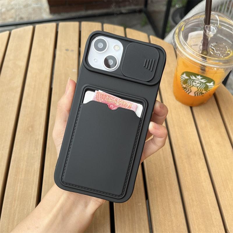 Lightweight Slide Camera Protection Card Holder Wallet Phone Case For iPhone 13 14 Pro Max 12 11 Soft Silicone Cover Soft Skin Silicone Cover Yellow Card Holder Sliding Camera Protection Cover For iPhone Stevvex
