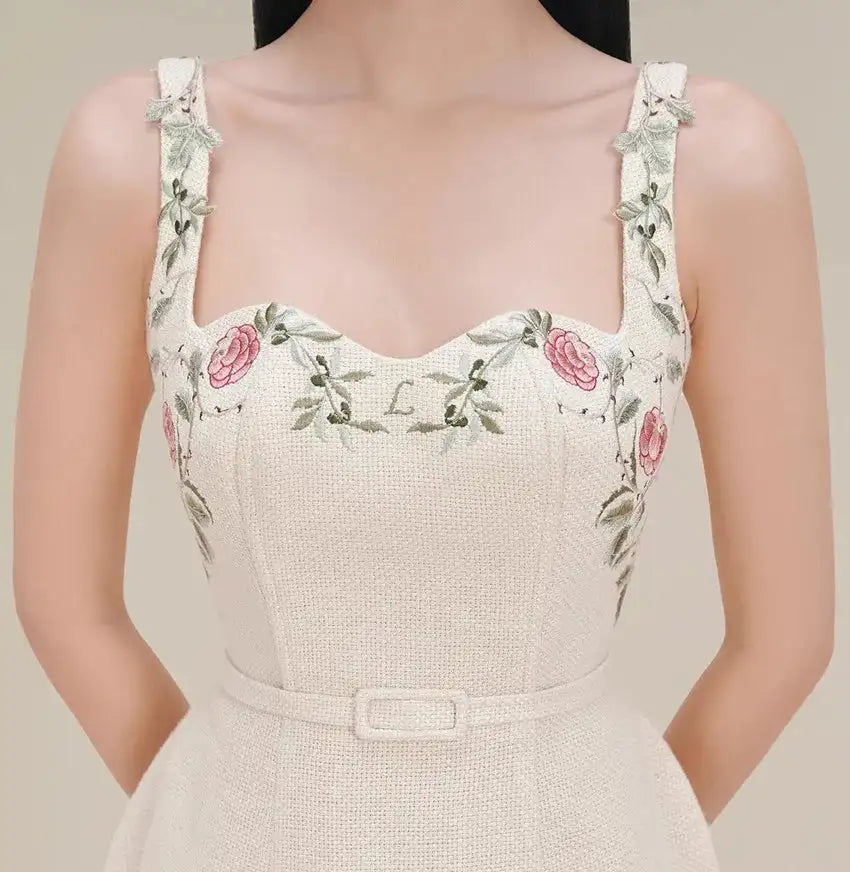 Runway Autumu Spaghetti Strap Bodycon Long Dress Sexy Women's Square Collar Embroidery Flower Sleeveless Tank Party Belt Dresses
