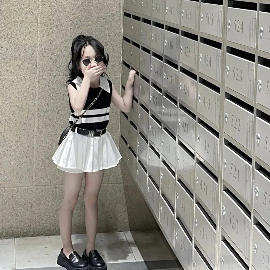 Baby Girls Knitted Polo Shirt Summer Set Latest Children's Western style Tank Top Fashionable Pleated Skirt Two Piece Set