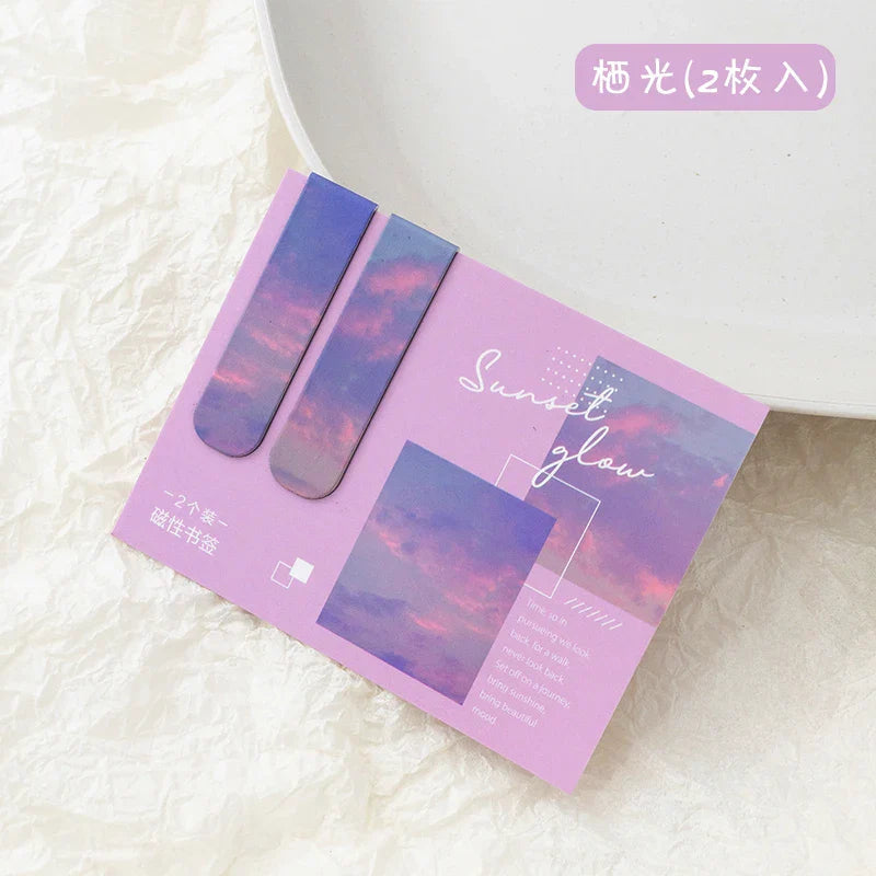 JIANQI 2pcs/pack Magnetic bookmark beautiful scenery clouds simple literary pattern bookmark Reading tool School office supplies Lootquake LLC
