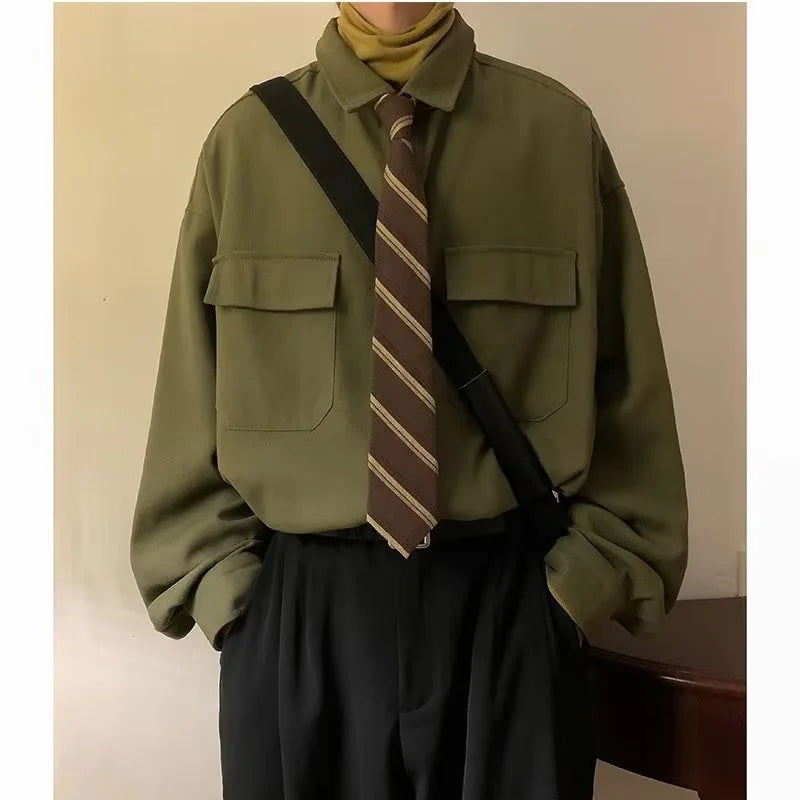 Autumn Green Black Shirt Men Fashion Social Mens Dress Shirt Korean Loose Long Sleeve Shirts Mens Pocket Tooling Shirt M-3XL Lootquake LLC