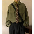 Autumn Green Black Shirt Men Fashion Social Mens Dress Shirt Korean Loose Long Sleeve Shirts Mens Pocket Tooling Shirt M-3XL Lootquake LLC