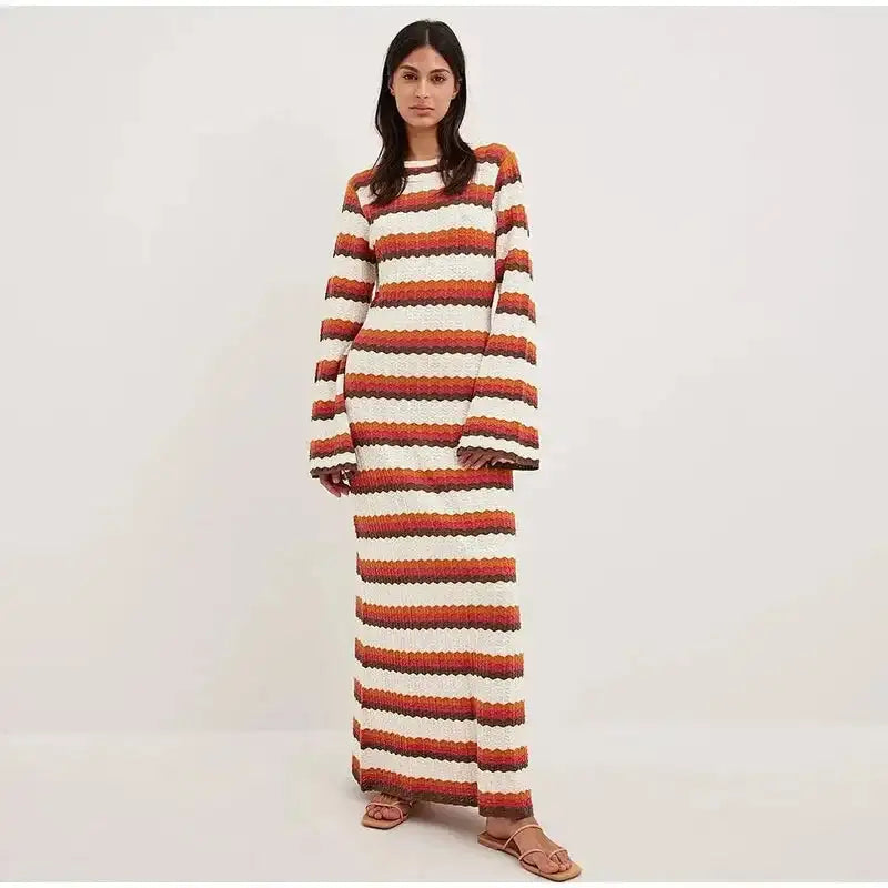 Striped Knitted Long Dress Women O-neck Backless Hollowed Out Long Sleeves Lady Bodycon Dress 2024 Spring Summer Vacation Robe