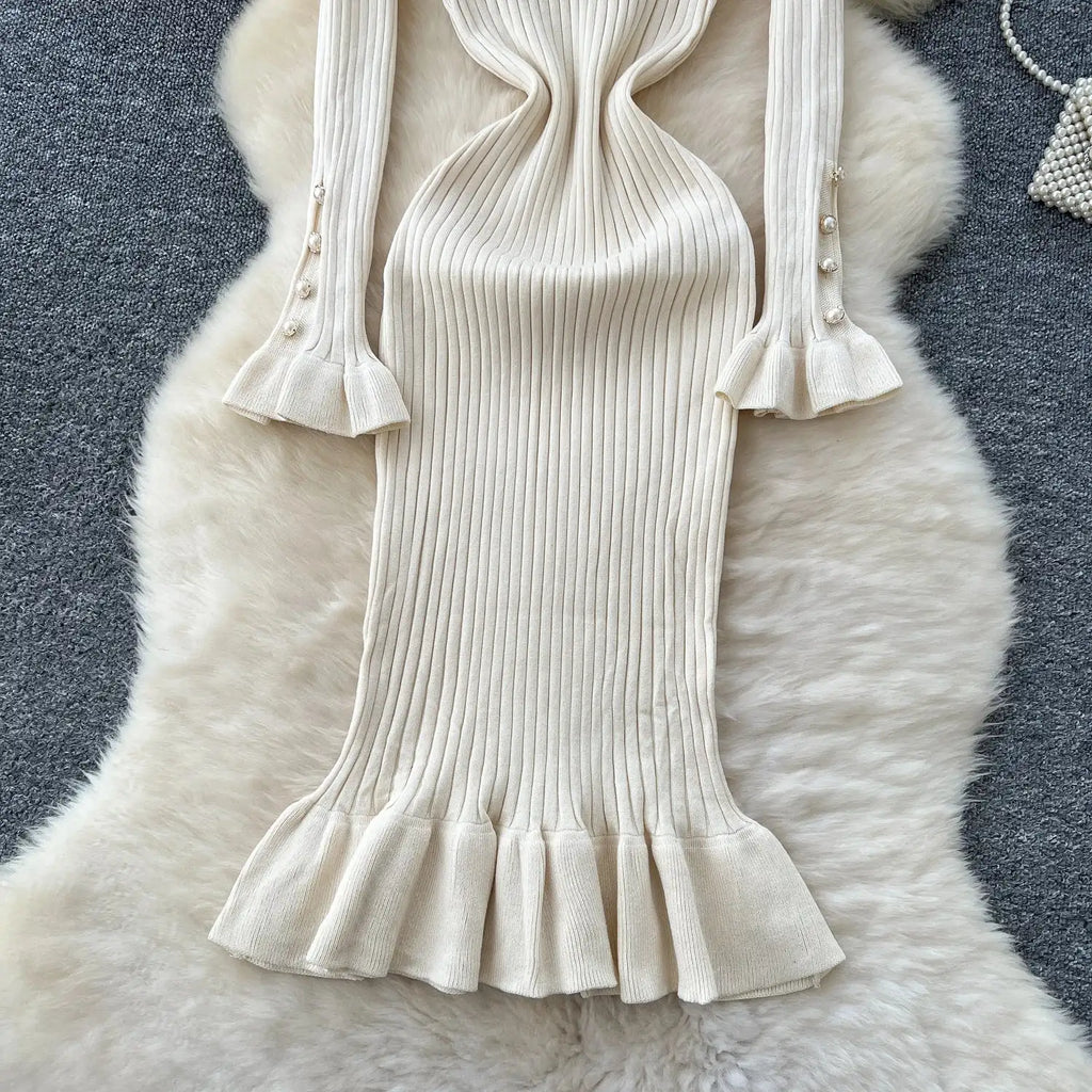 SINGREINY 2024 Hotsweet Slim Autumn Dress Women Peter pan Collar Long Sleeves Patchwork Preppy Style Mermaid Sweater Long Dress