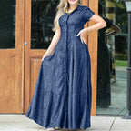 2023 Fashion New Long Dress Shirt Neck Pocket Large Swing Dress Casual Elegant Temperament Single Breasted Denim Dress