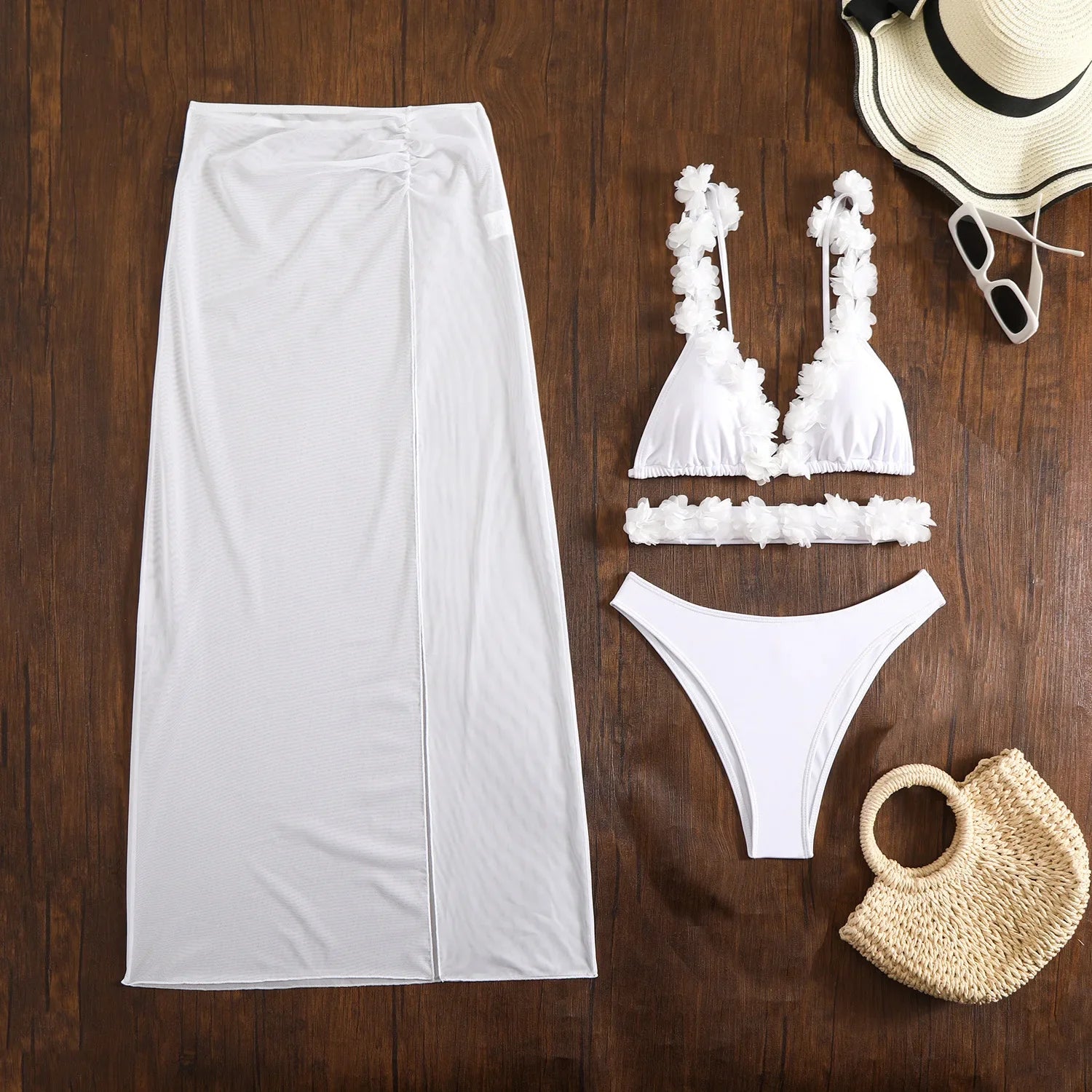 New Solid Color Lace Sexy Three-piece Mesh Dress Bikini
