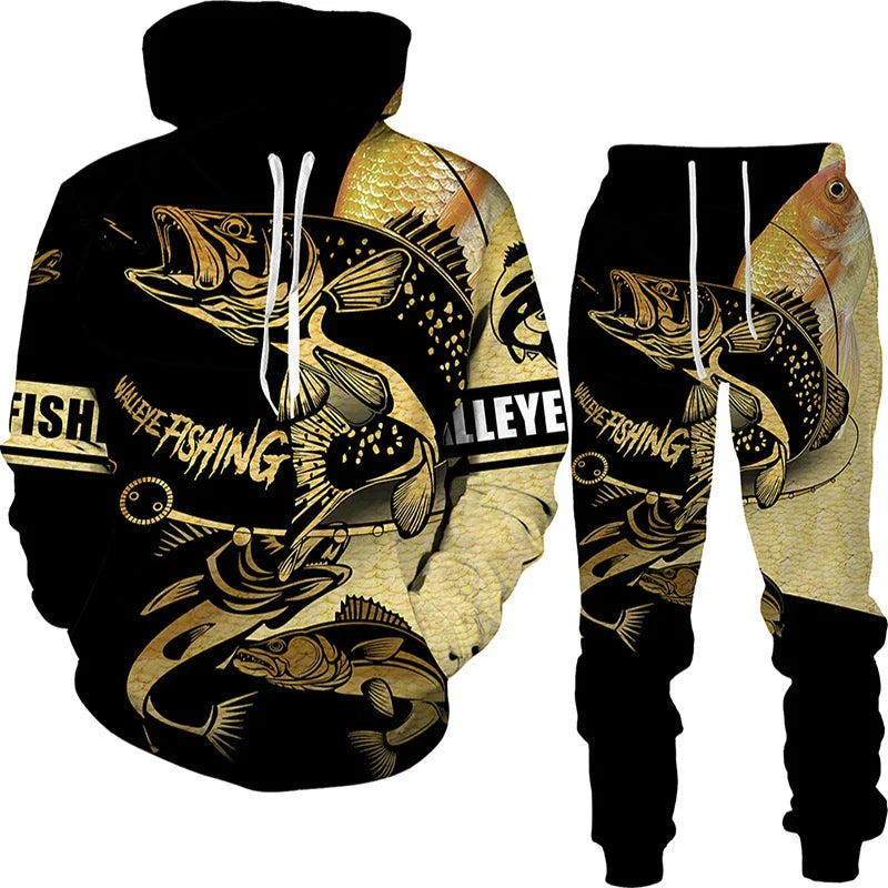 New 3D Fishing Art Print Casual Couple Hoodies Outfits Hip Hop Streetwear Hooded Sweatshirt+Sweat Pants Men's Tracksuit Set Lootquake LLC