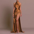 Ladies Summer Satin Evening Birthday Party Dresses Women Sleeveless Backless Halter Side Slit Elegant Long Dress Mowan Clothes