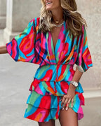 Women Fall V-Neck Loose Batwing Hafl Sleeve Print Dress Fashion Elegant Lace-up Ruffle Beach Mini Dresses Casual Streetwear 2024