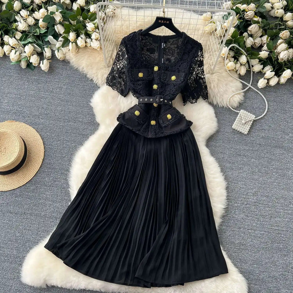 Designer 2025 Summer Pleated Chiffon Lace Long Dress Women Flower Embroidery Gold Button Belt Evening Party Dresses Wedding Robe Lootquake LLC