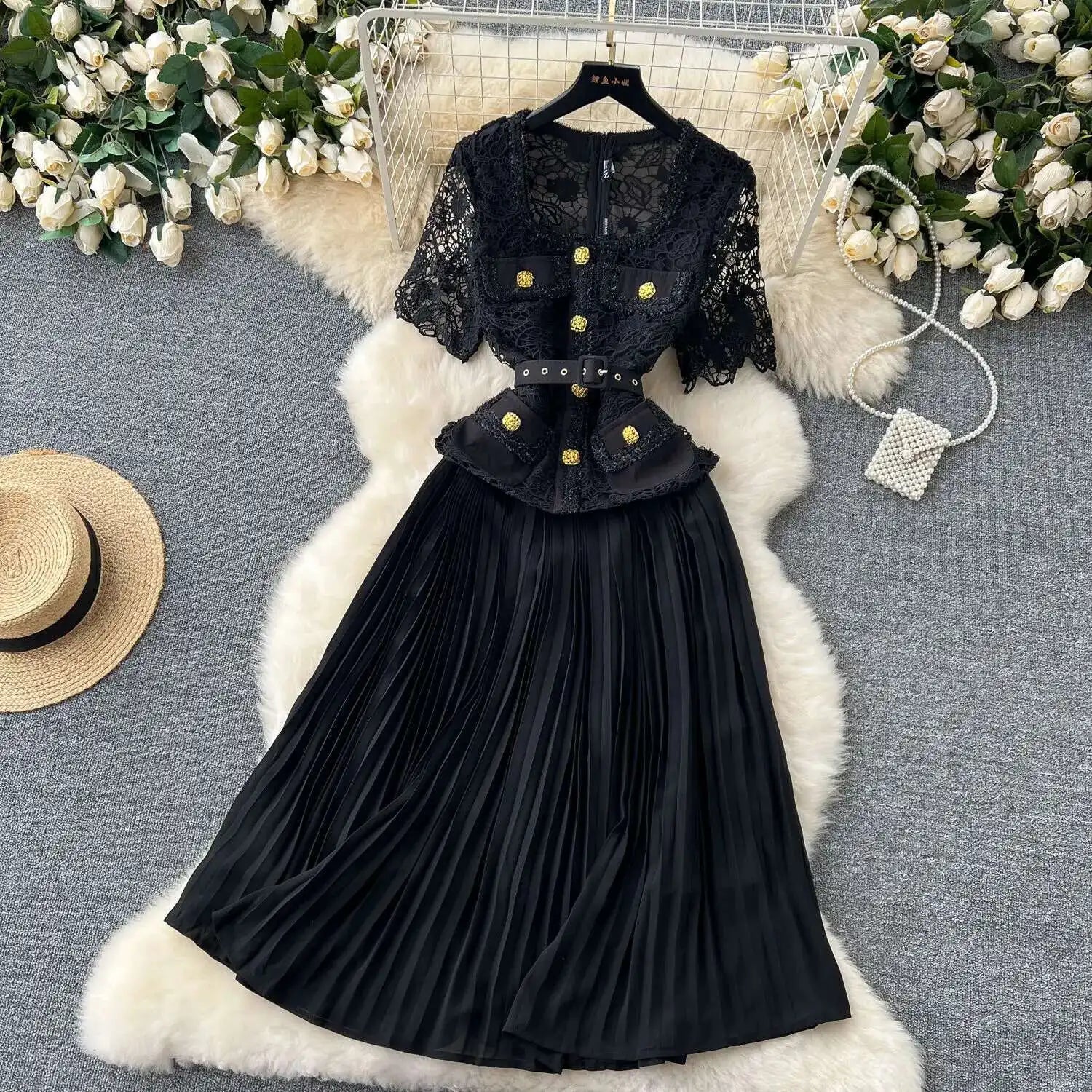 Designer 2025 Summer Pleated Chiffon Lace Long Dress Women Flower Embroidery Gold Button Belt Evening Party Dresses Wedding Robe Lootquake LLC