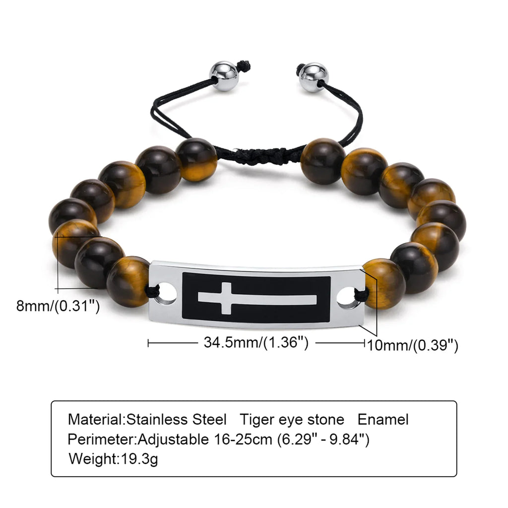 Curved Cross Beaded Bracelet with Black Agate & Tiger Eye Pi-Mart