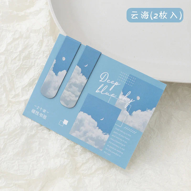 JIANQI 2pcs/pack Magnetic bookmark beautiful scenery clouds simple literary pattern bookmark Reading tool School office supplies Lootquake LLC
