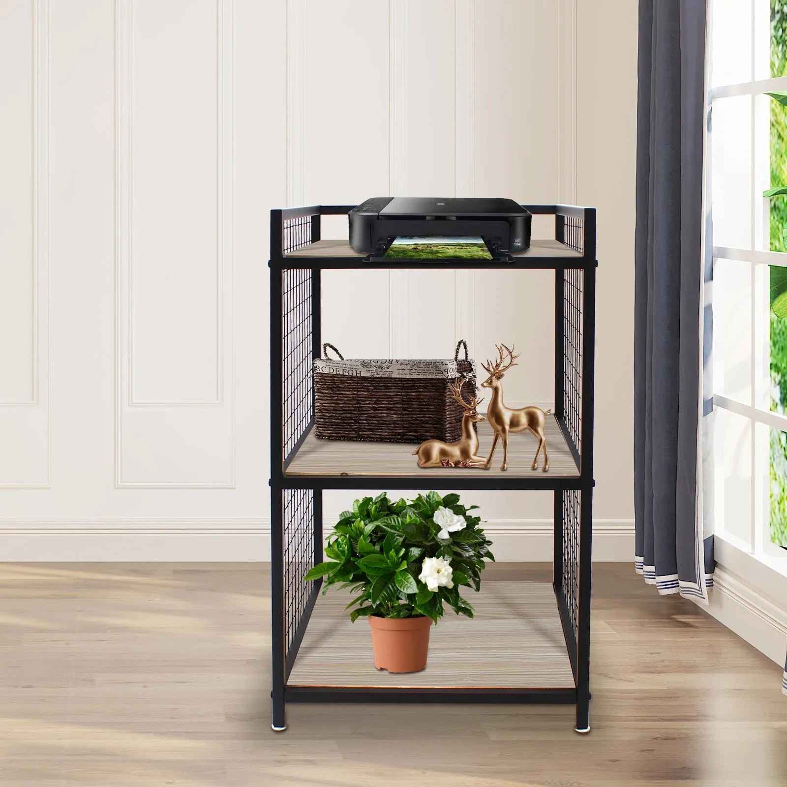 3-Tier Printer Stand Solid Wood & Iron, 44lbs Capacity, Space-Saving Design, Ideal for Office & Home Storage, Durable & Stylish Lootquake LLC