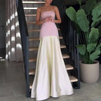 Casual Patchwork Pleated Robe Dresses Ladies Fashion Strapless High Waist Banquet Dress Sexy Hollow Off Shoulder Slim Long Dress