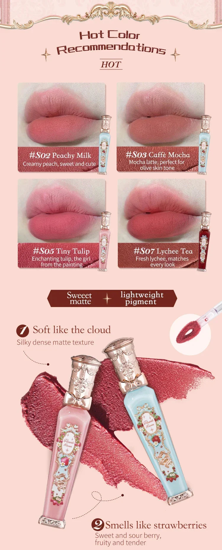 Flower Knows Strawberry Rococo Series Cloud Lip Cream Lip Gloss Long Lasting Velvet Lip Tint Lipstick for Women Cosmetic Lootquake LLC