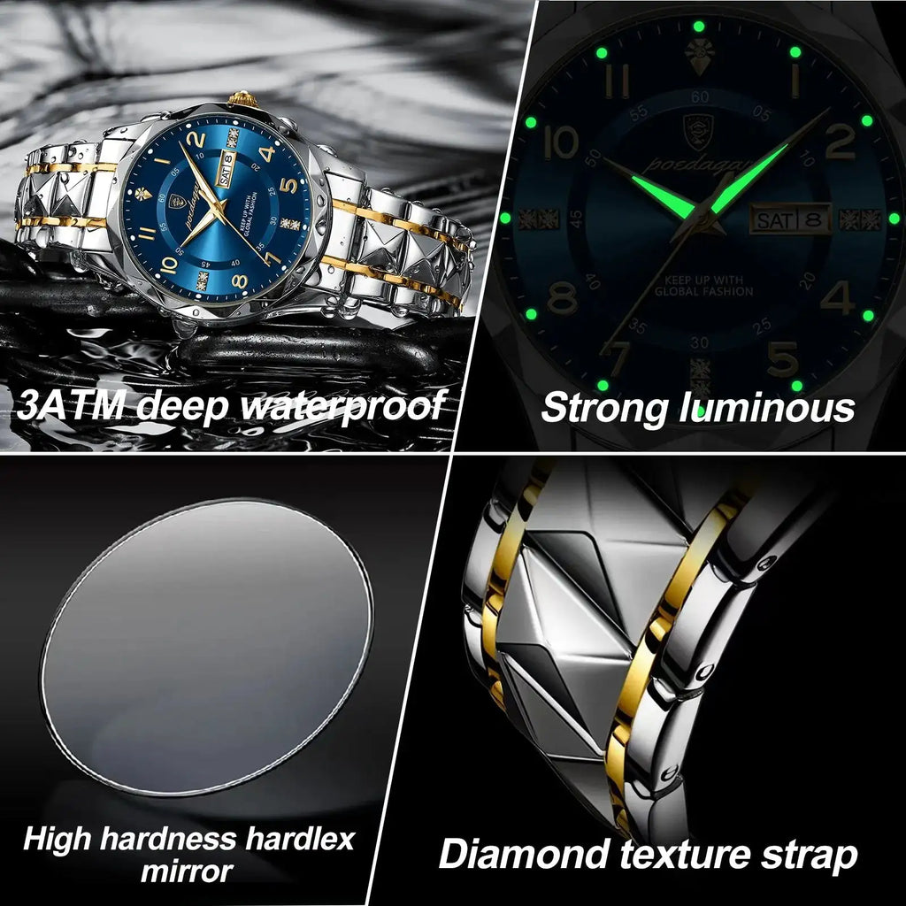 POEDAGAR Luxury Business Men's Wristwatch Stainless Steel Date Week Man Watch Waterproof Luminous Fashion Quartz Watches For Men