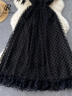 SINGREINY High Quality A Line Mesh Long Dress Spaghetti Strap Sleeveless Sheath Sundress 2023 Women Fashion Dot Print Maxi Dress
