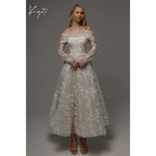 Kyoto Customized Lace Flowers Detachable Long Sleeves Wedding Dress Ankle-Length Glitter vestidos de novia A-Line Formal Gown