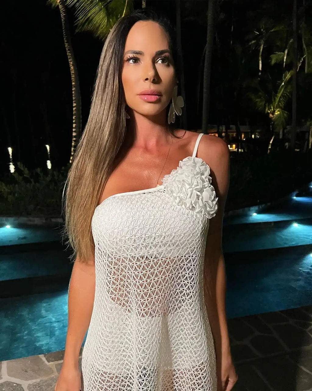Sexy 3D Flower Long Dress Women 2024 Summer Semi-sheer Party Dresses Elegant Slim One Shoulder Maxi Vestidos Holiday Beach Robe