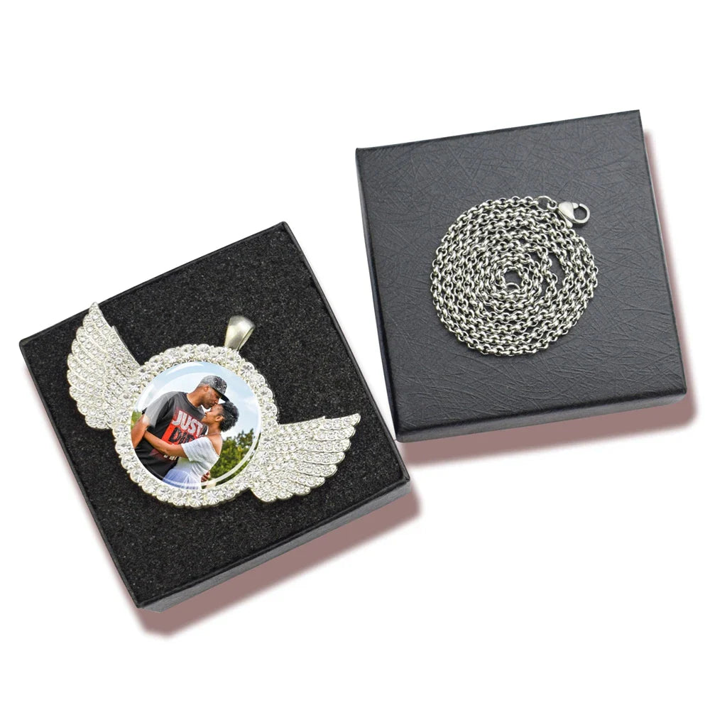 Custom Necklace Personalized Photo Picture Angel Wings Rhinestone Pendant Chains Necklaces Creative Fashion Hip Hop Jewelry Gift Lootquake LLC