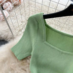 Green 2024 Sexy Summer Knit Short Sleeve Dress Women Squar Collar Waist Bodycon Sundress Female Beach  Backless Long Dress