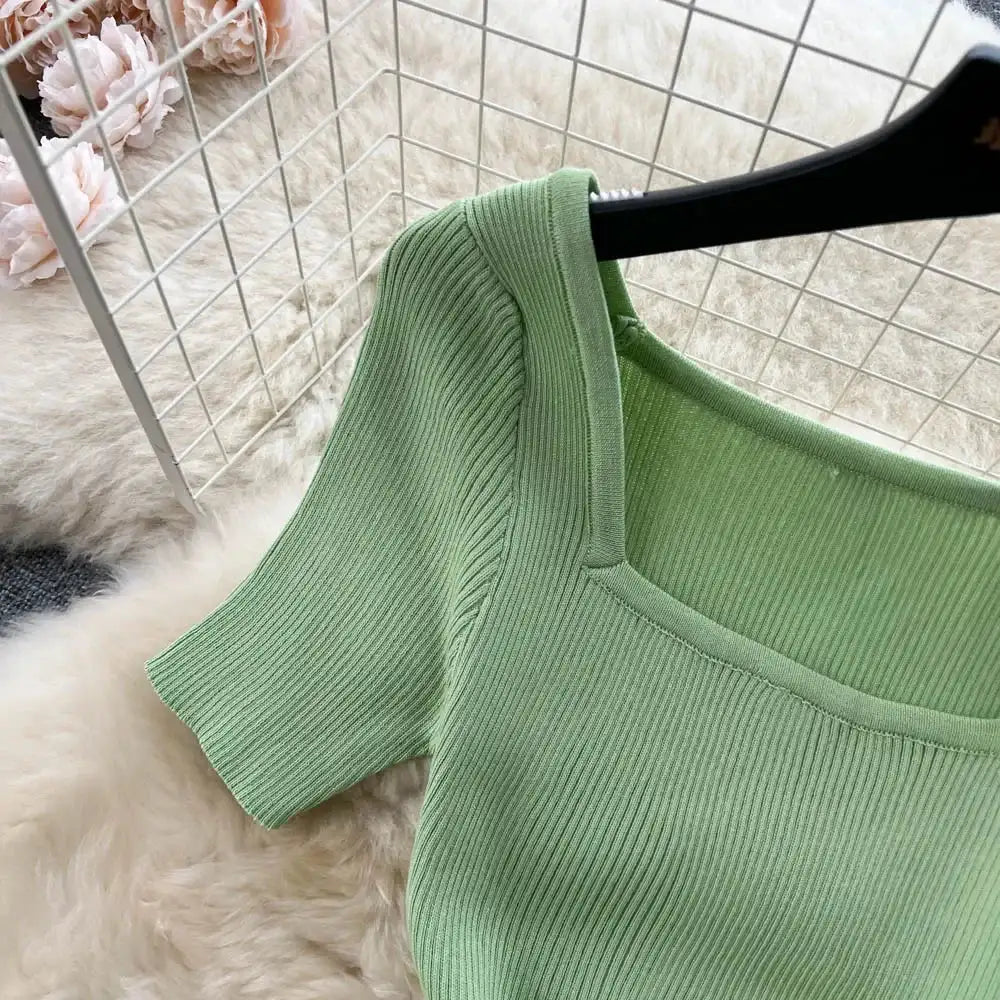 Green 2024 Sexy Summer Knit Short Sleeve Dress Women Squar Collar Waist Bodycon Sundress Female Beach  Backless Long Dress