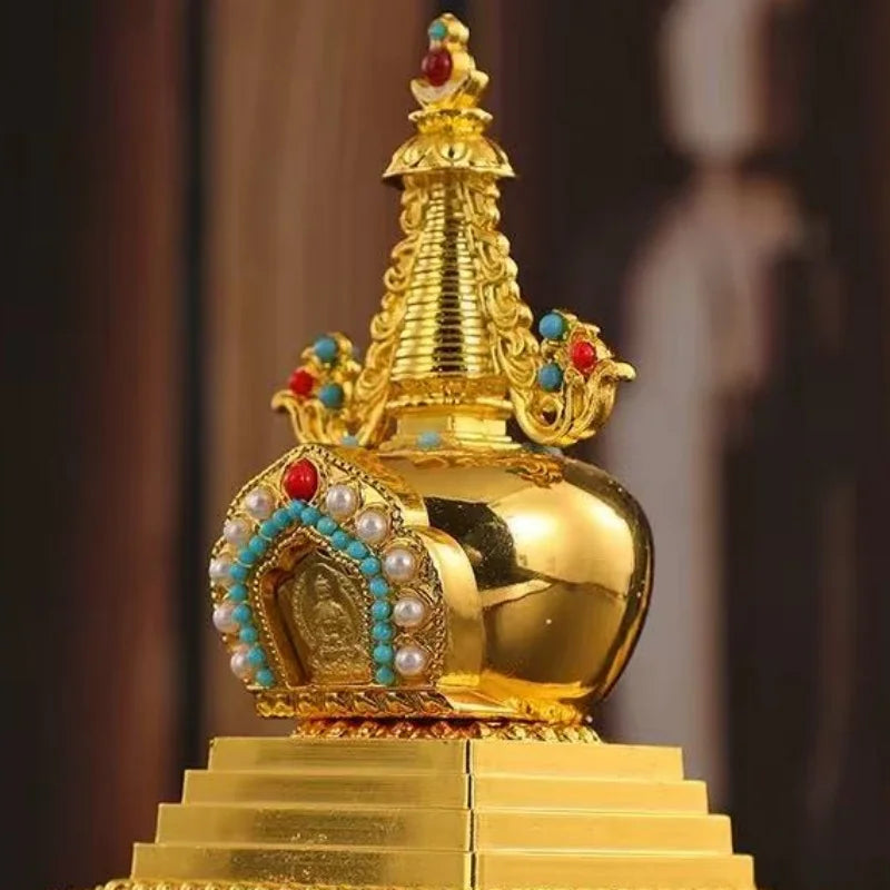Buddha Statue Pagoda,Engraving Inlaid Gem Tibetan Alloy Double-Layer Tower,Altars Stupa,Buddhist Item Religious Decorative Lootquake LLC