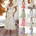 Summer V Neck Cutout Floral Print Dresses Elegant Women Puff Short Sleeve Casual Dress Pleated Waisted Swing Beach Long Dress