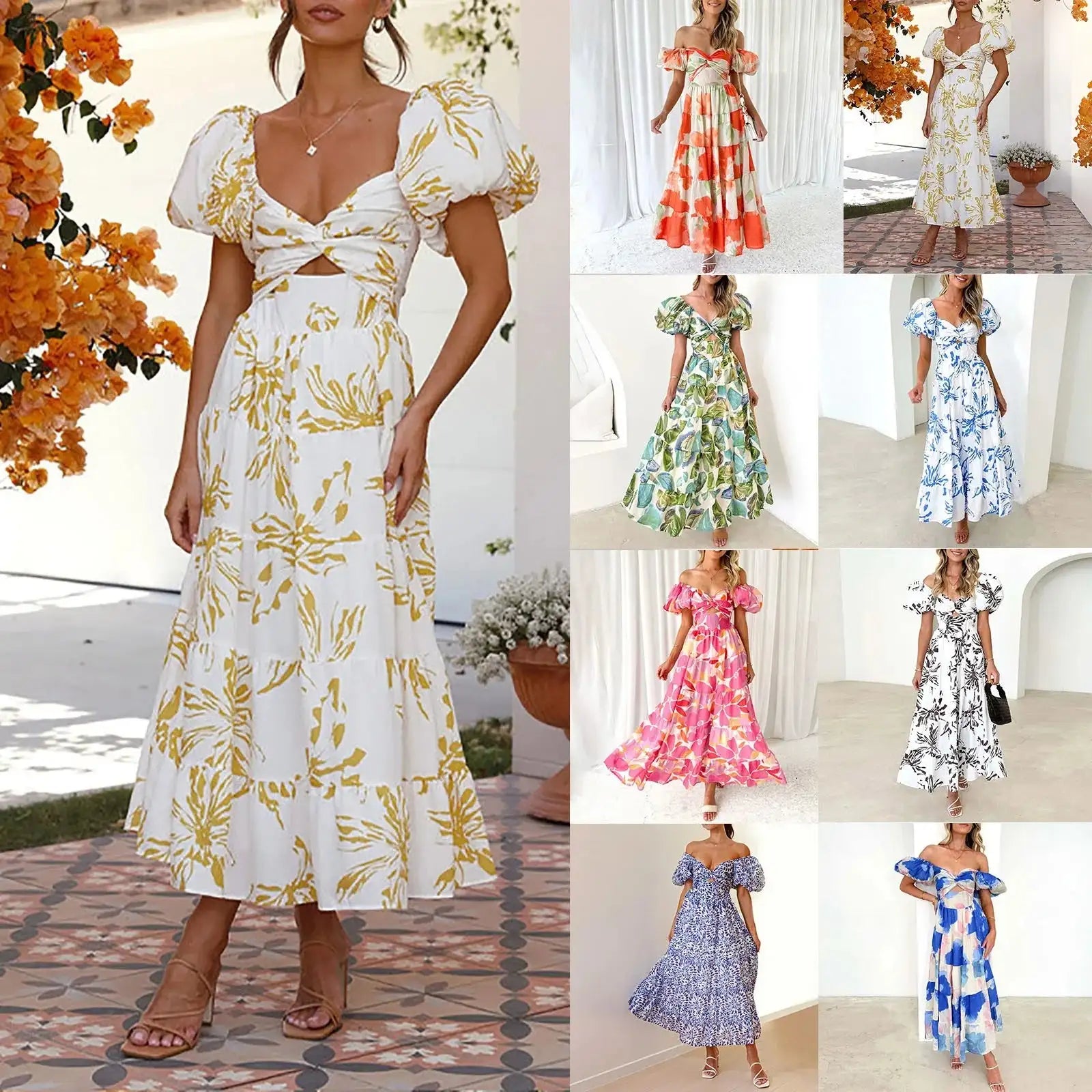 Summer V Neck Cutout Floral Print Dresses Elegant Women Puff Short Sleeve Casual Dress Pleated Waisted Swing Beach Long Dress