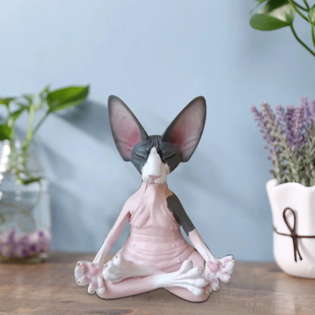Cat Figurine Sphynx Meditation Statue Yoga Animal Cat Meditate Art Sculpture Micro Decoration Garden Home Office Ornament