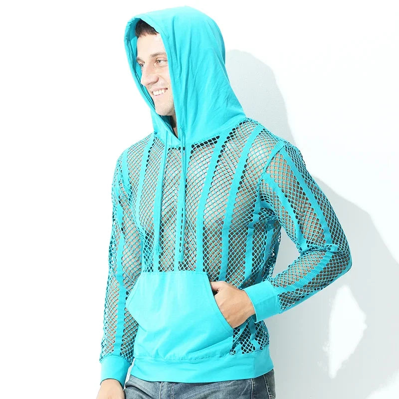 Men Mesh Shirt Transparent Long Sleeve Men Clothing Sexy Solid Party Nightclub Hooded Tops Lootquake LLC