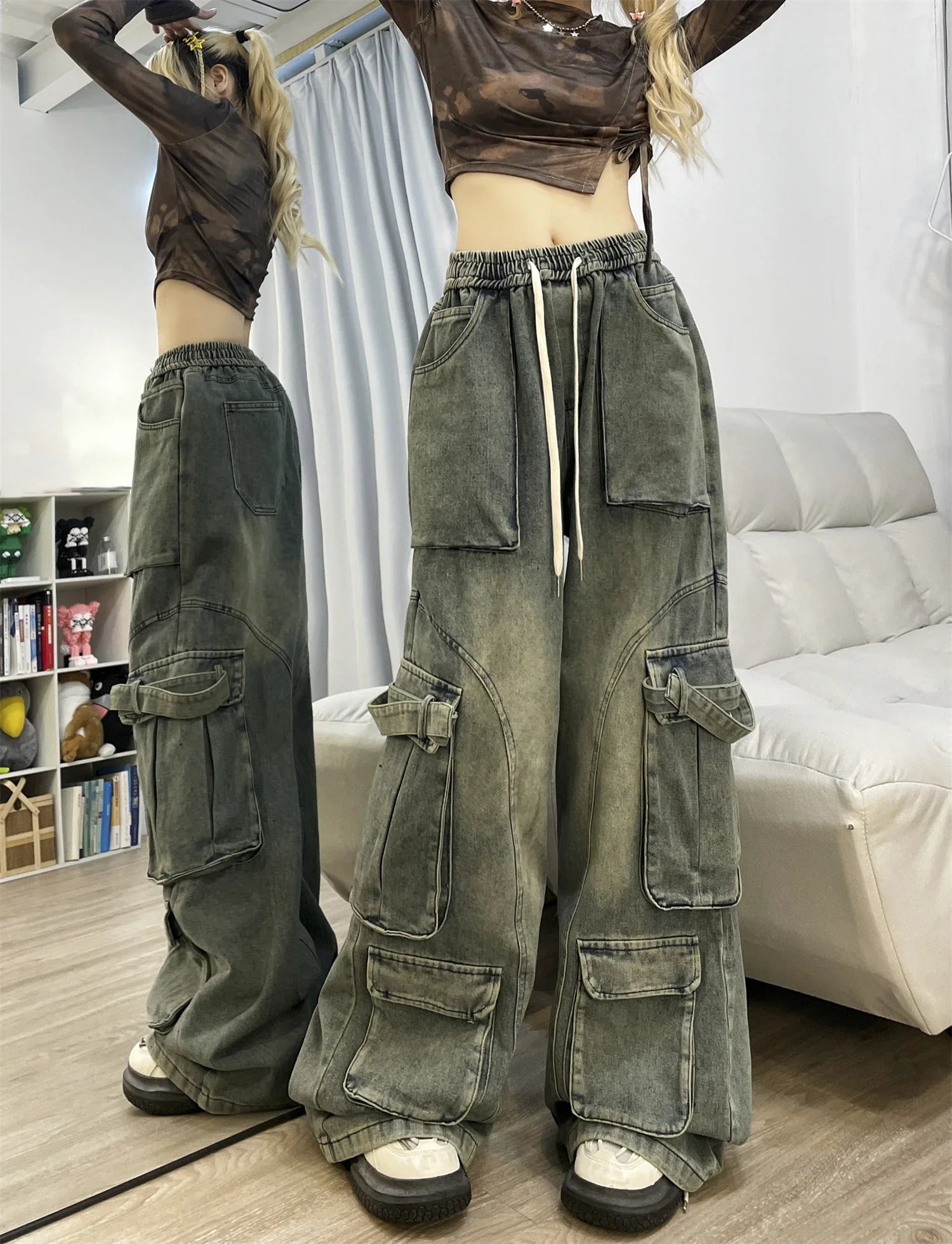 Autumn Winter New Ladies Cargo Jeans American Street Style Baggy Cargo Pants Women Blue Multi-pocket Wide Leg Jeans for Women Lootquake LLC