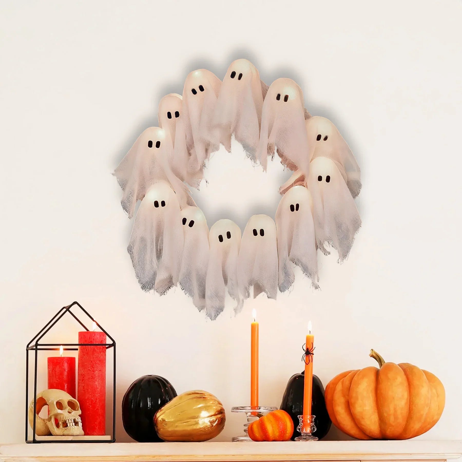 Halloween Light-up Ghost Wreath Decoration for ndoor Outdoor Wall Decor Spooky Front Door Led Hanging Decor Props Lootquake LLC