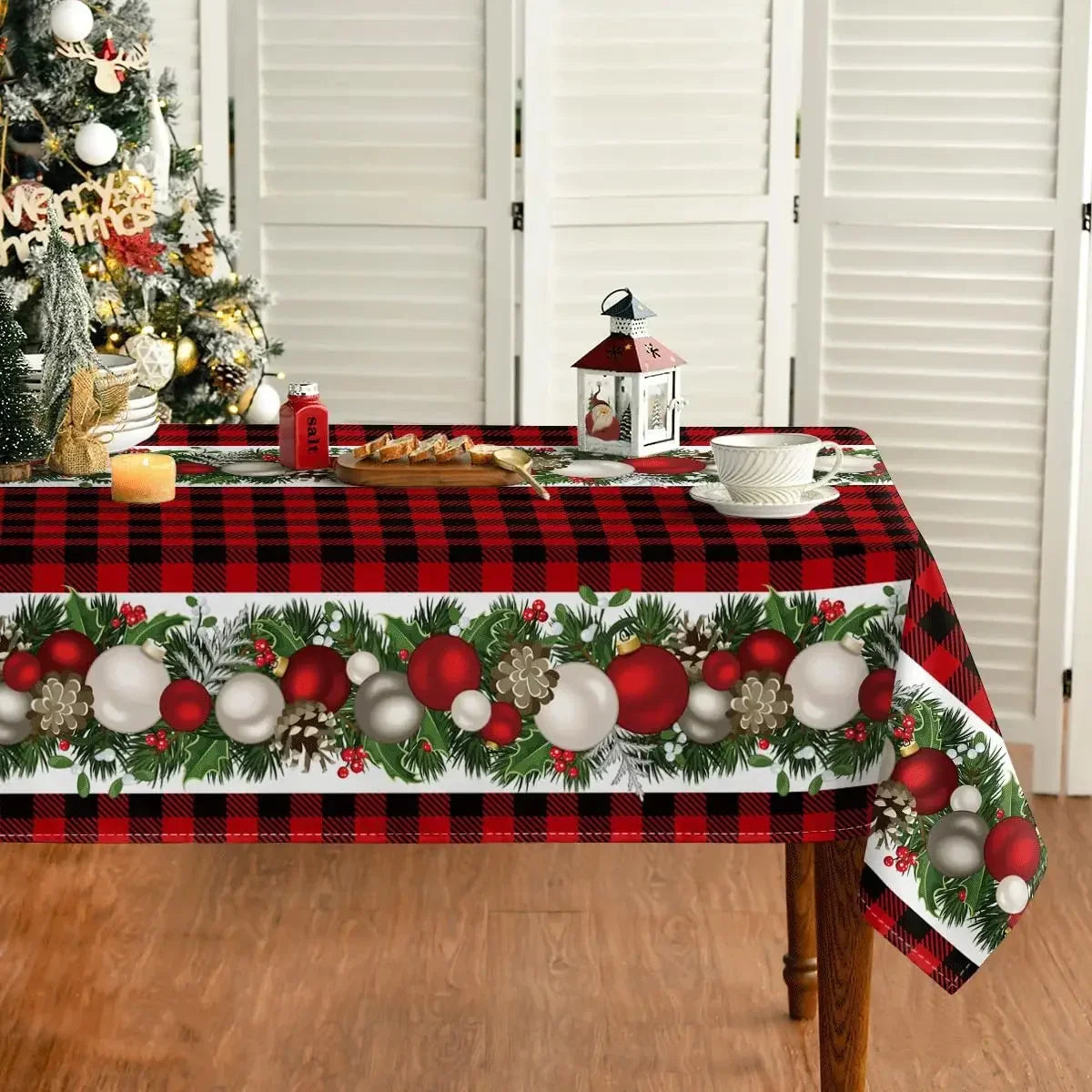Christmas Ball Ornaments Red Bufalo Plaid Rectangle Tablecloth Dining Room Decor Reusable Table Cover Xmas Party Decorations Lootquake LLC