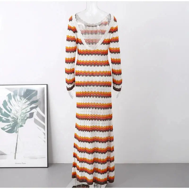 Striped Knitted Long Dress Women O-neck Backless Hollowed Out Long Sleeves Lady Bodycon Dress 2024 Spring Summer Vacation Robe