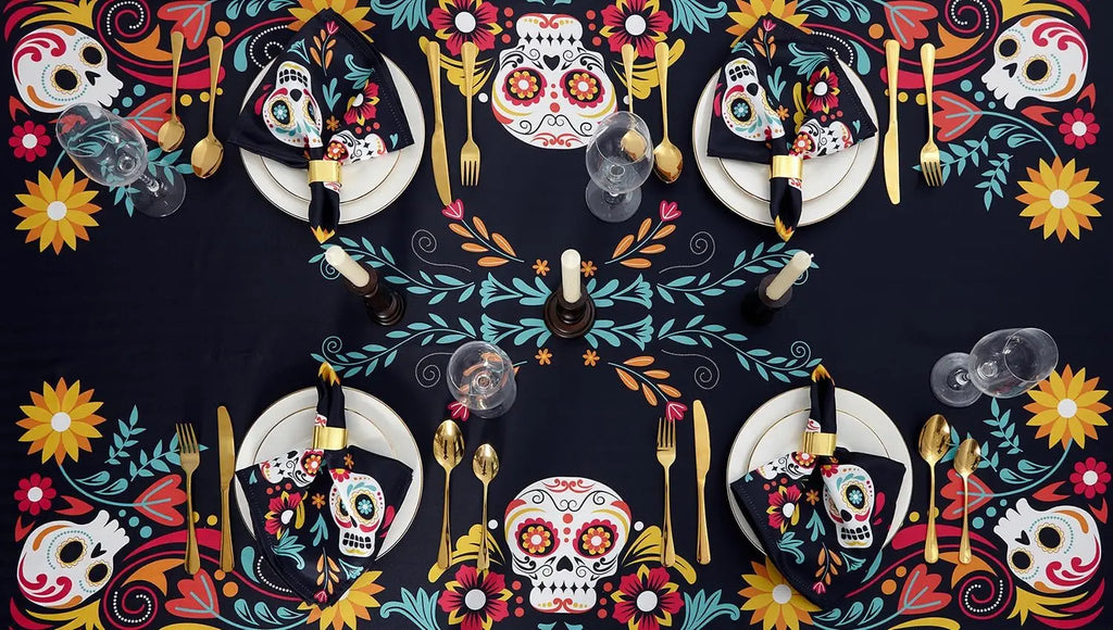 Mexican Sugar Skull Day of The Dead Waterproof Tablecloth Fiesta Decor Dia De Los Muertos Tablecloth Halloween Decorations Lootquake LLC