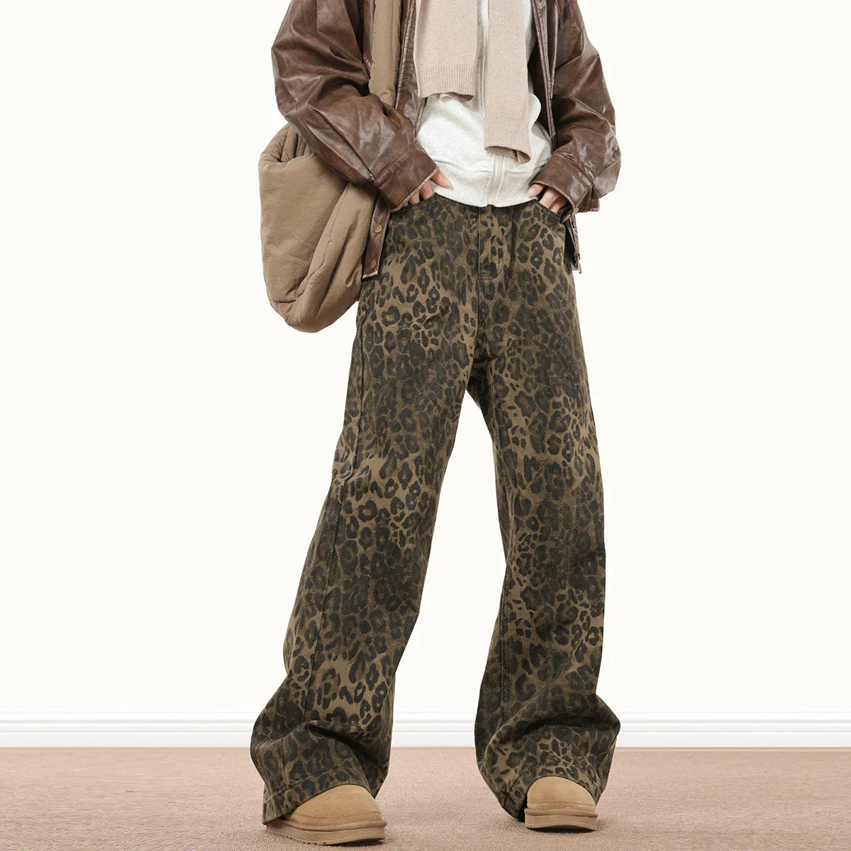 American Style Leopard Wash Jeans Women Y2K Retro Street Hot Girl Loose Casual Pants High Waist Straight Leg Jeans