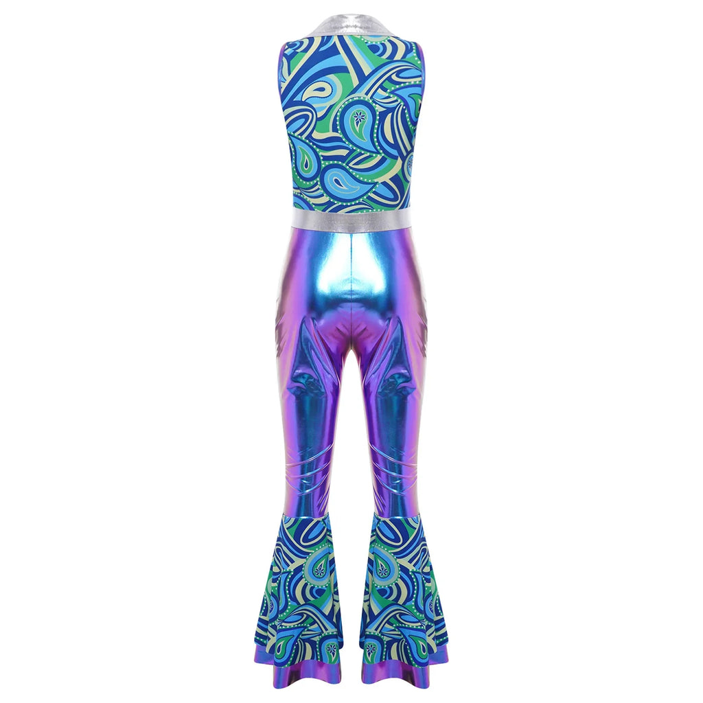 Womens Halloween Retro Hippie Cosplay Costume Party Hip-hop Dance Costume Metallic Shiny Vintage Carnival Bodysuit Jumpsuit Lootquake LLC