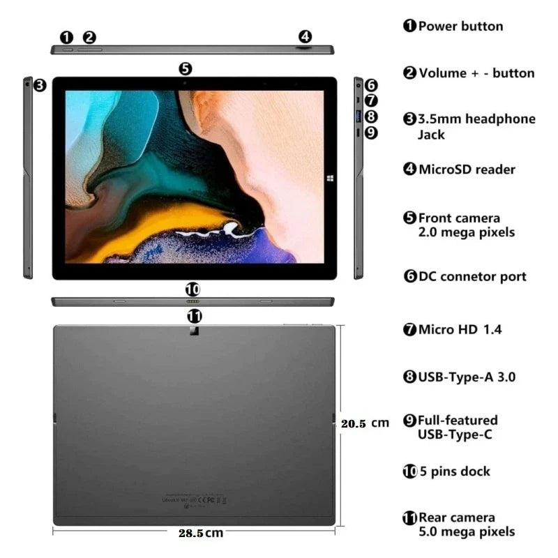 8GB RAM 512GB SSD ROM 11.6 Inch Windows 10 Tablet PC Intel Celeron Processor N4120 CPU 1920 x 1080 Pixel 2 x USB 3.0 Port Type-C