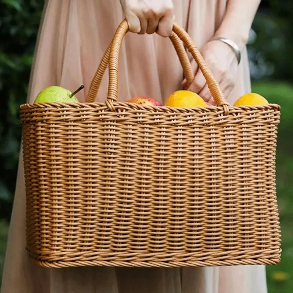 Home Storage Organizer Rattan Woven Basket With Handle Portable Picnic Basket Handwoven Rectangular Flower Basket Fruit Lootquake LLC