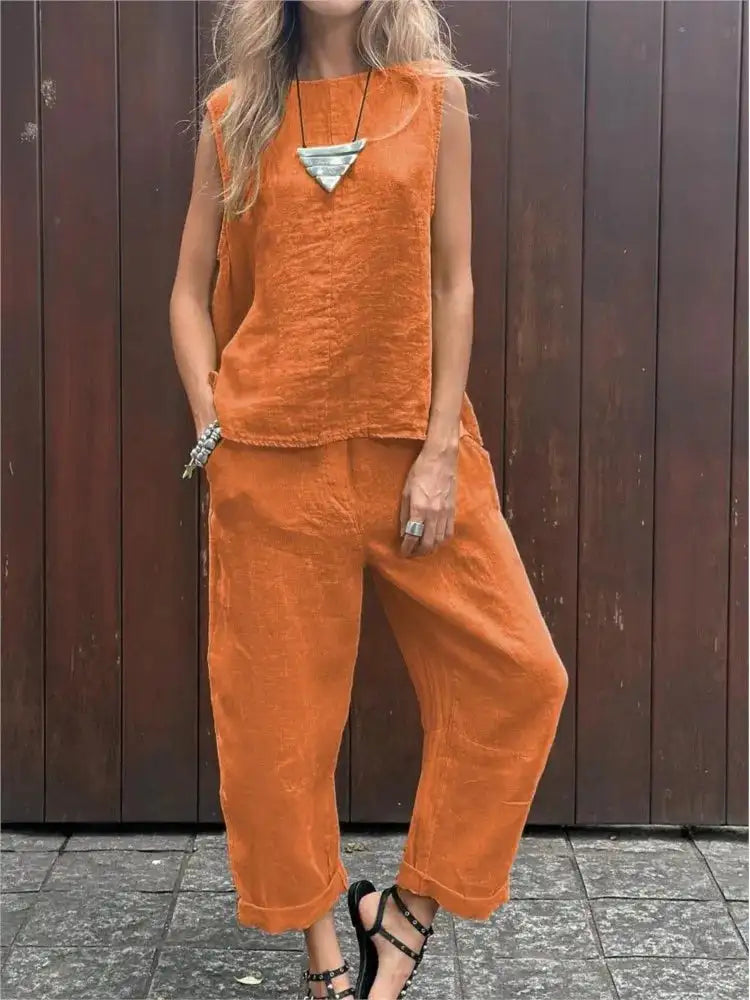 Summer Cotton And Linen Casual Outfits Female Fashion Solid Color Two-piece Set For Women Sleeveless Top Trousers Women's Suit Lootquake LLC