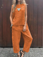 Summer Cotton And Linen Casual Outfits Female Fashion Solid Color Two-piece Set For Women Sleeveless Top Trousers Women's Suit Lootquake LLC