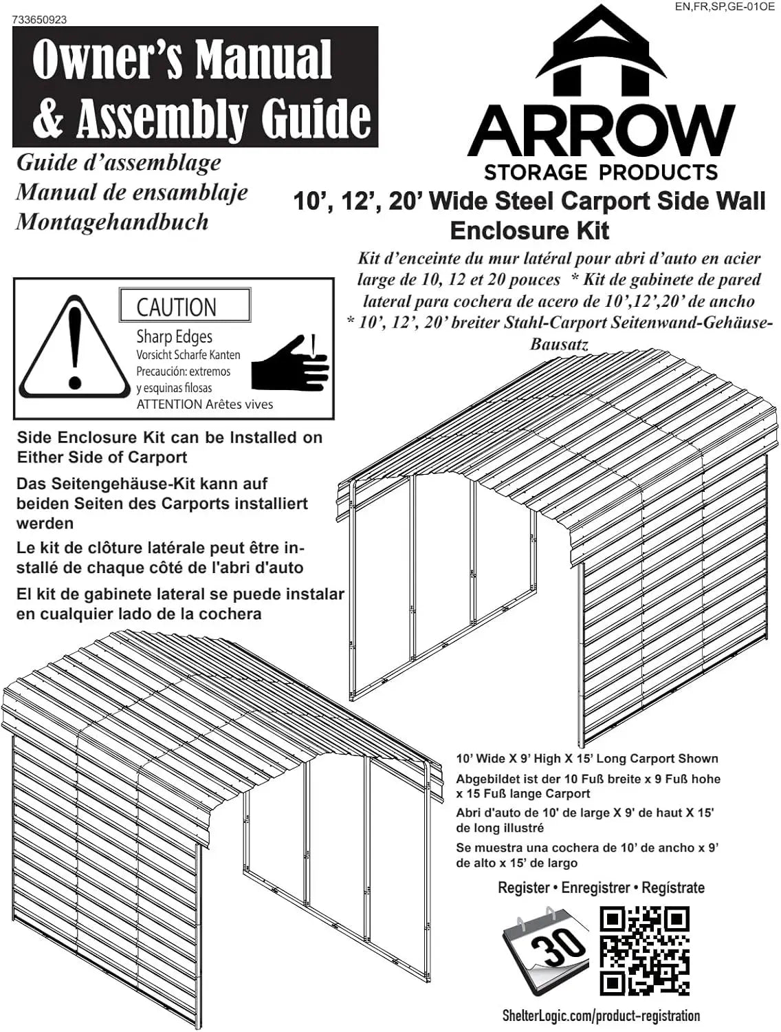 Arrow 20' X 9' One-Sided Carport Enclosure Wall Kit For 7' Or 9' Carports, Heavy-Duty Galvanized Steel Carport Enclosure Panel, Lootquake LLC